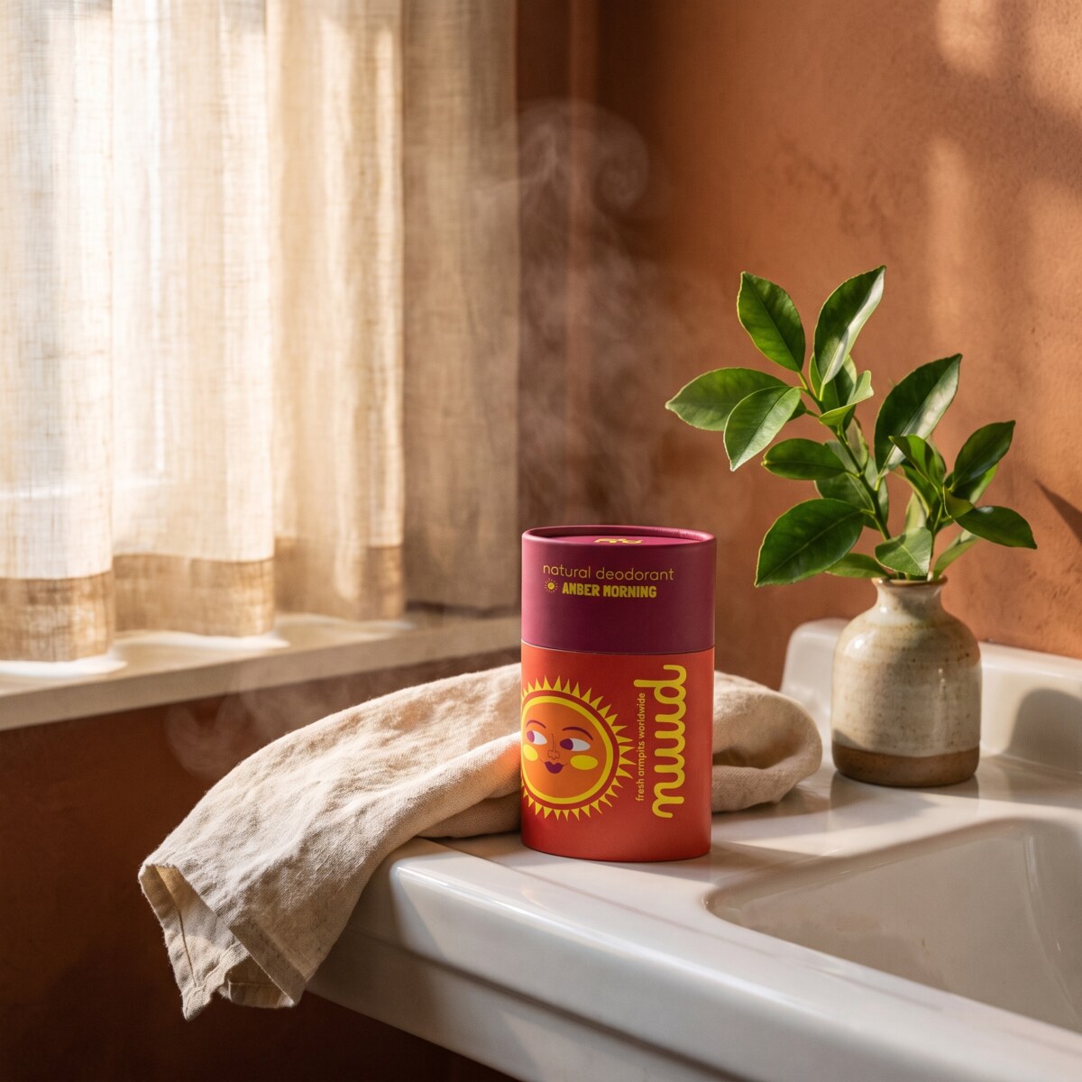 AMBER MORNING on a sunny bathroom sink